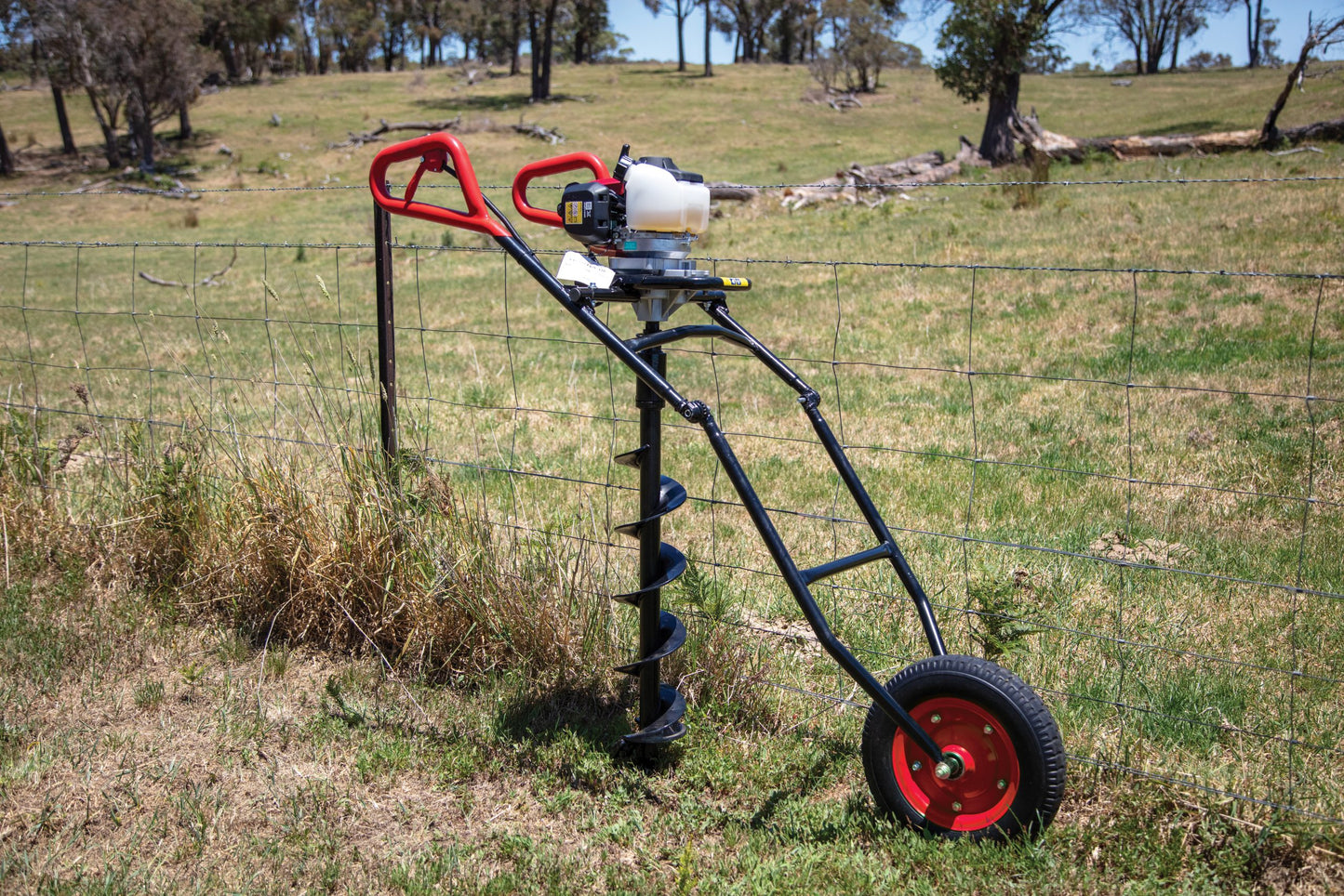 Shop the Bullmax Heavy Duty Wheeled Earth Auger powered by a Honda GX50 4-Stroke Engine. Built tough with a collapsible frame, large wheel, and commercial gearbox. Perfect for fencing, landscaping, farming, and hire industry use.