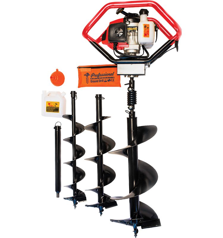 The Bullmax Two Man Earth Auger (68cc, 2-stroke) is built tough for Australian conditions. Includes 150mm, 200mm, and 300mm drill bits with replaceable blades, a 450mm extension bar, and recoil impact spring. Commercial-quality gearbox and 12-month warranty.