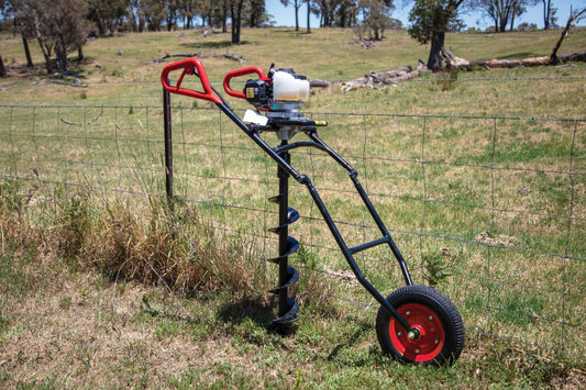Shop the Bullmax Heavy Duty Wheeled Earth Auger powered by a Honda GX50 4-Stroke Engine. Built tough with a collapsible frame, large wheel, and commercial gearbox. Perfect for fencing, landscaping, farming, and hire industry use.