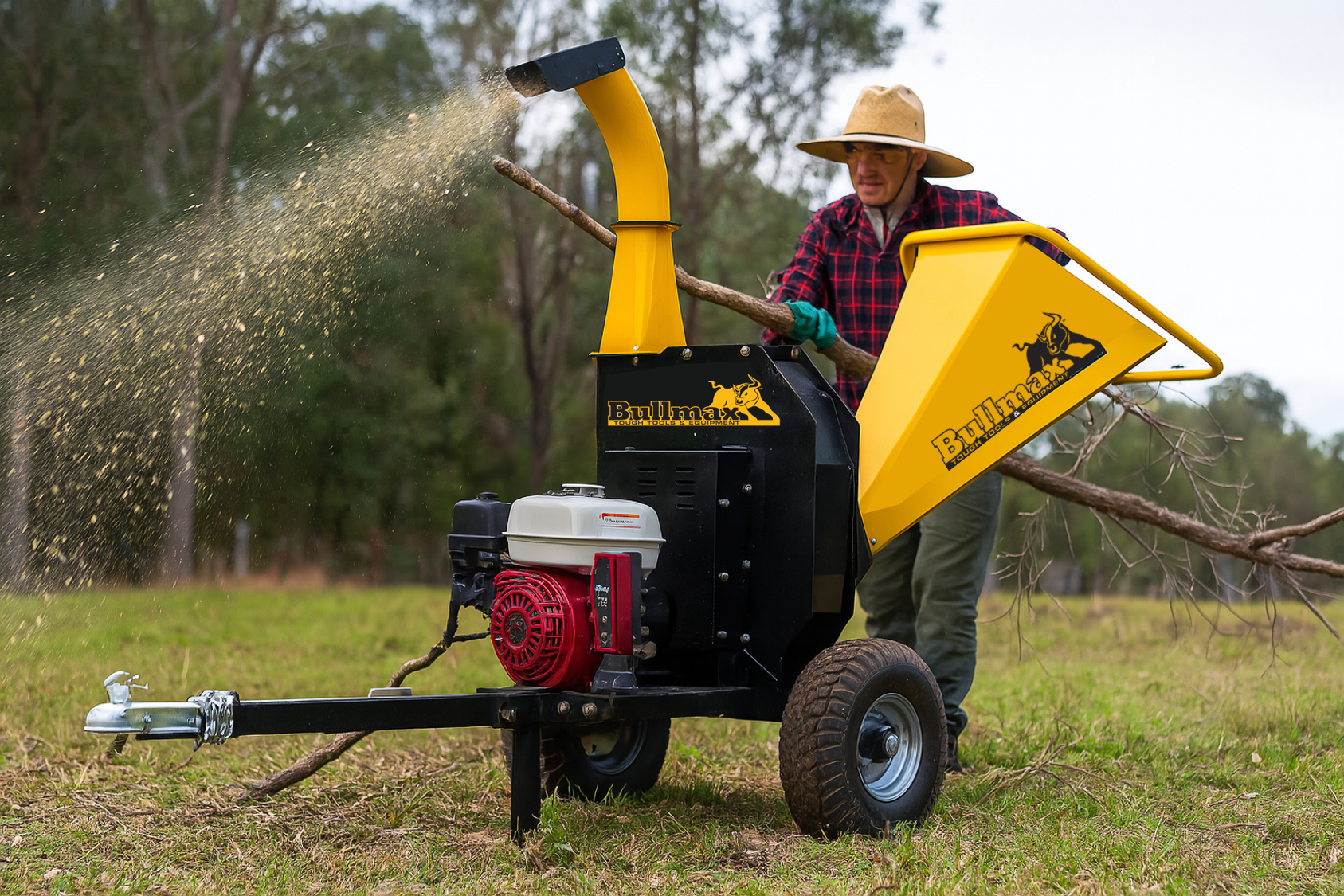 Get the Bullmax HD 130mm Wood Chipper powered by the Honda GX390 4-Stroke engine. Heavy-duty, 600mm disc with 20 blades. Built tough for farms, acreage & landscaping.
